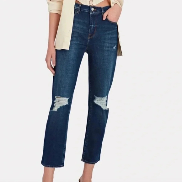 L'Agence Shane Distressed Mid Rise Slouchy Straight Jeans Dark Wash Size 28 - Picture 1 of 8
